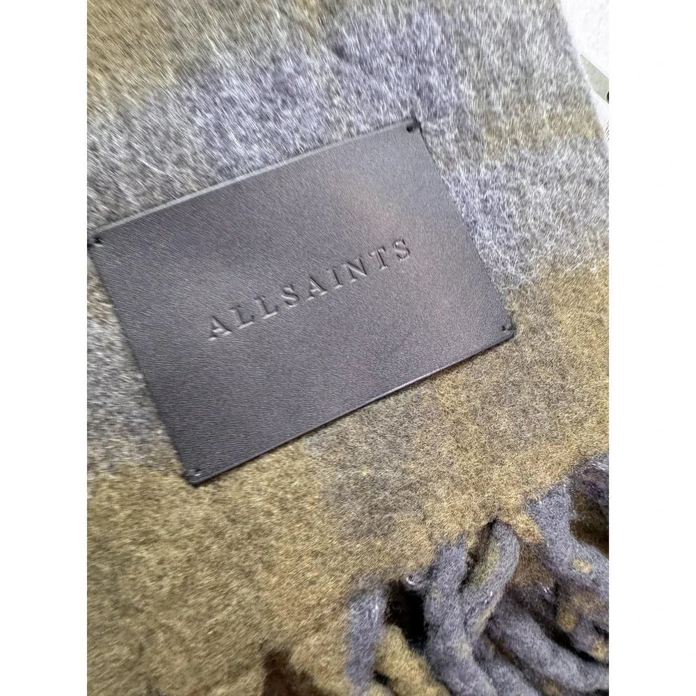 AllSaints Rilas Strk Brushed Check Scarf Mens One Size Green Plaid Fringe